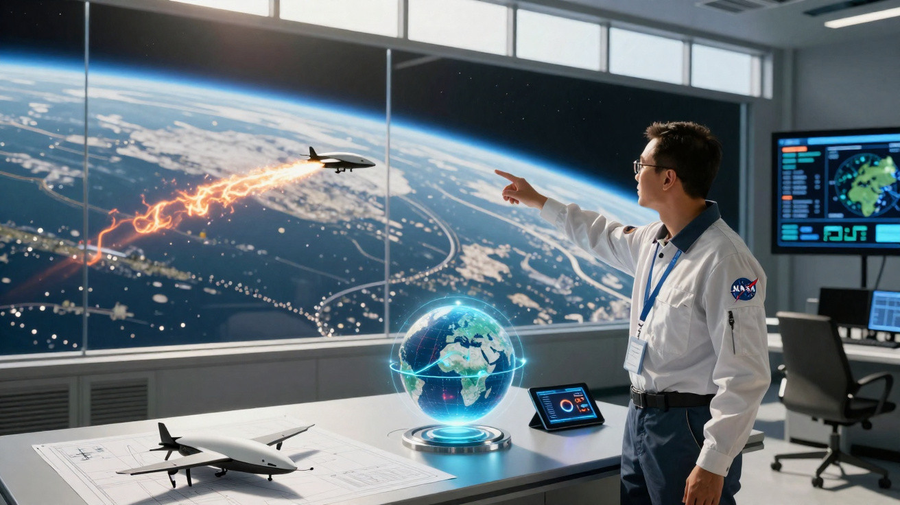 Homem em uniforme NASA operando cena futurista de nave espacial e globo digital em sala de controle.