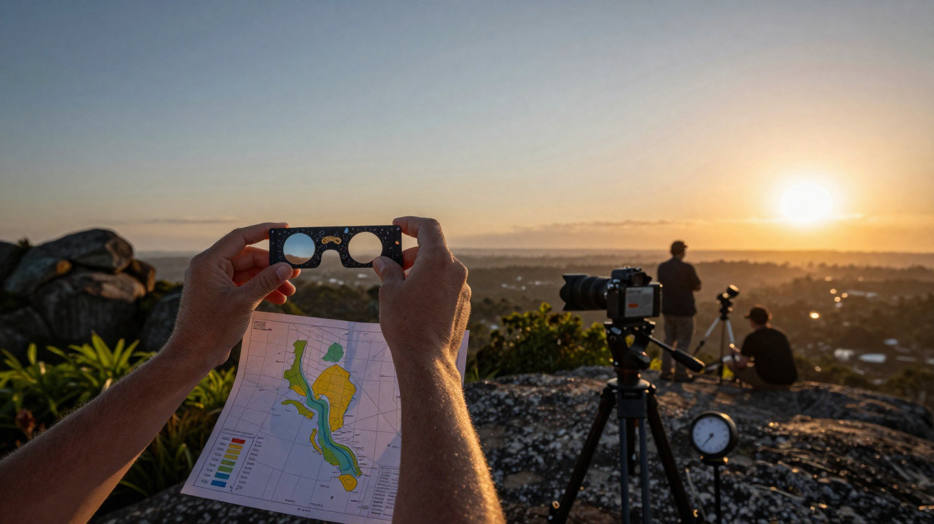 Pessoas em um mirante ao pôr do sol, com câmera em tripé e mapa na mão focando paisagem.