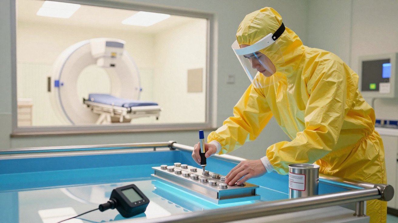 Profissional em equipamento de proteção ajusta instrumento em laboratório com máquina de ressonância magnética ao fundo.