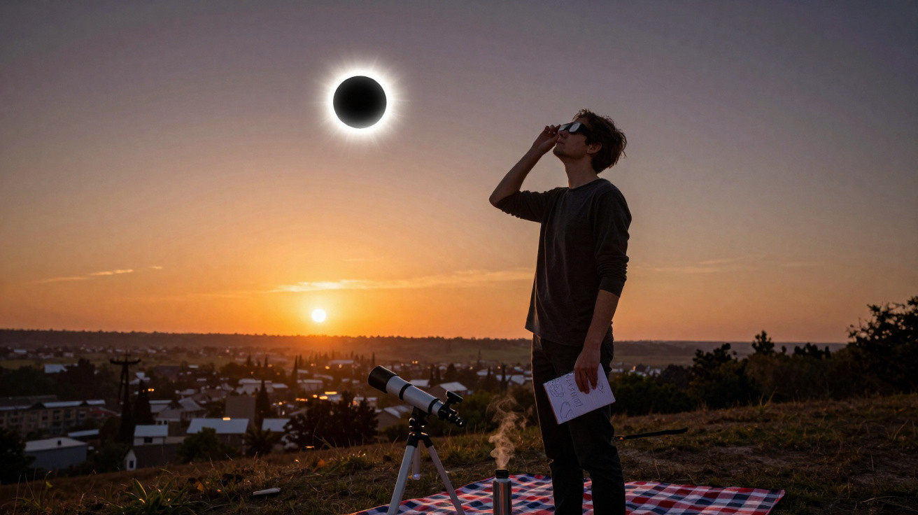 Pessoa com óculos escuros observa eclipse solar no pôr do sol em campo com telescópio.
