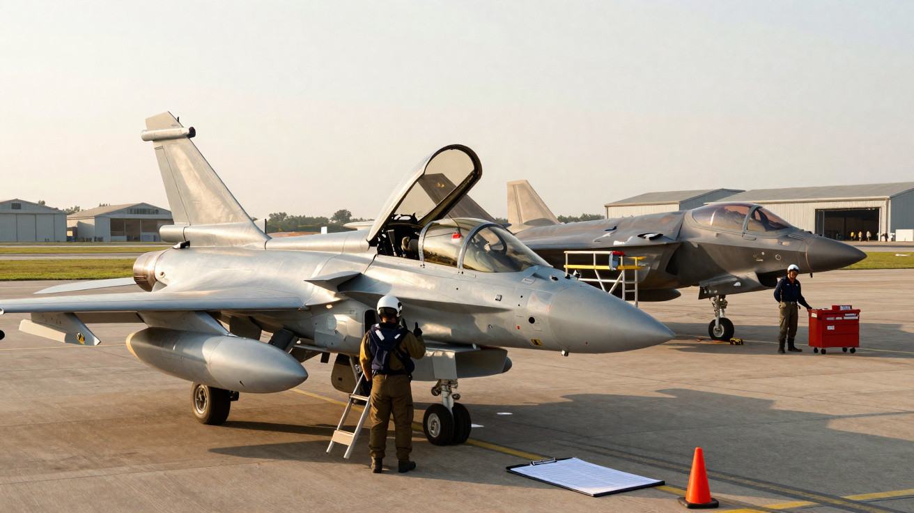 Dois caças estacionados em aeroporto militar com pilotos e técnicos realizando inspeção.