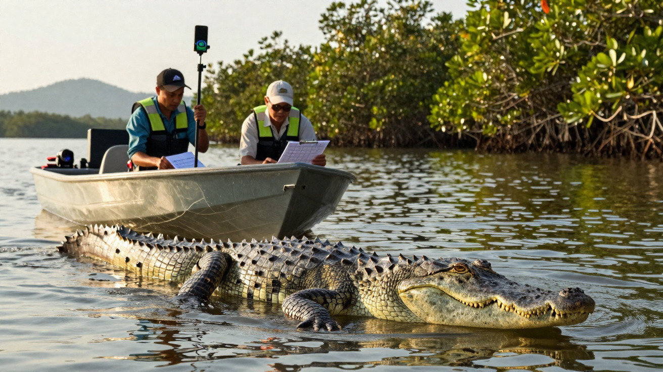 Dois pesquisadores em barco próximo a jacaré grande em área de mangue.