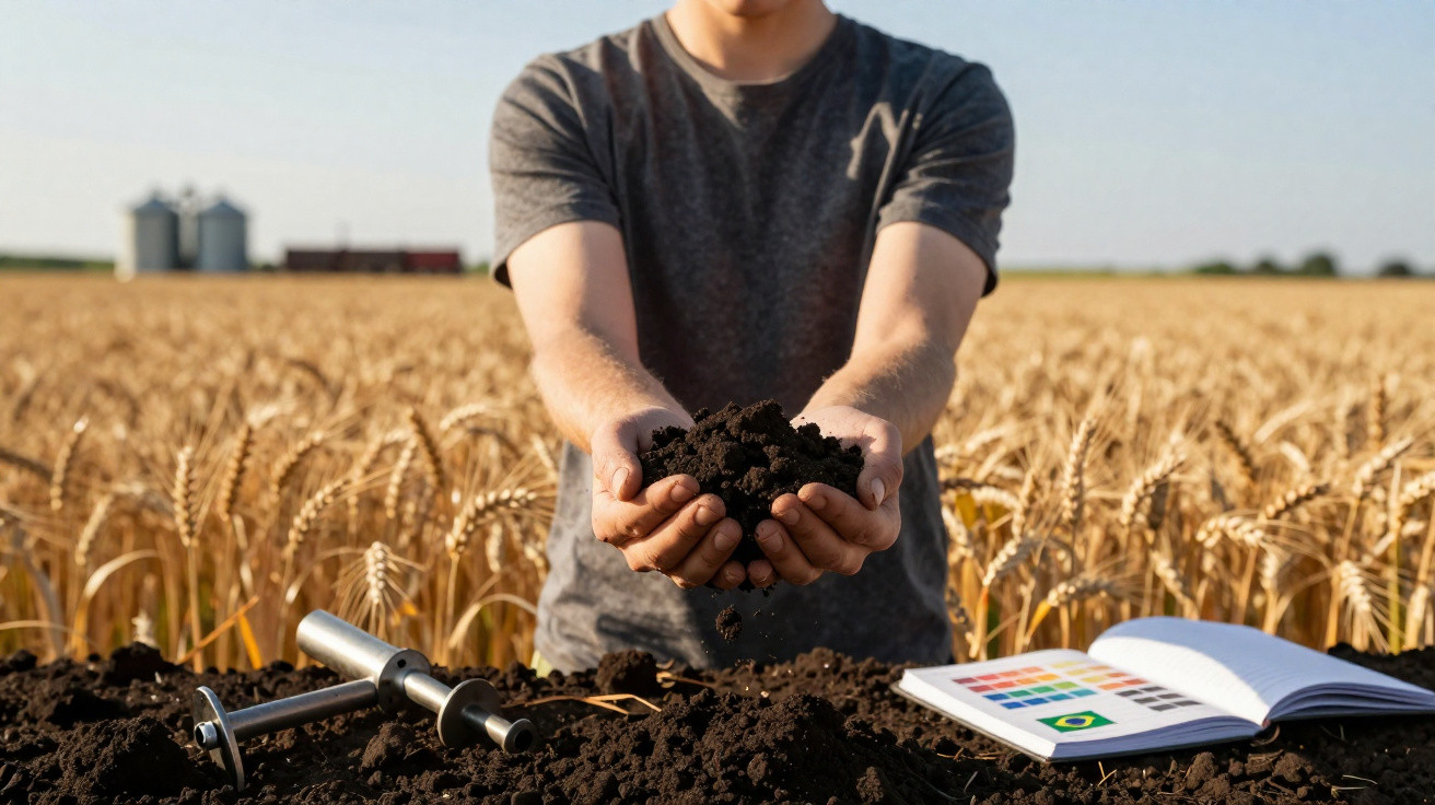 Pessoa segurando terra fértil em campo de trigo, com equipamento de amostragem e caderno sobre análise do solo.