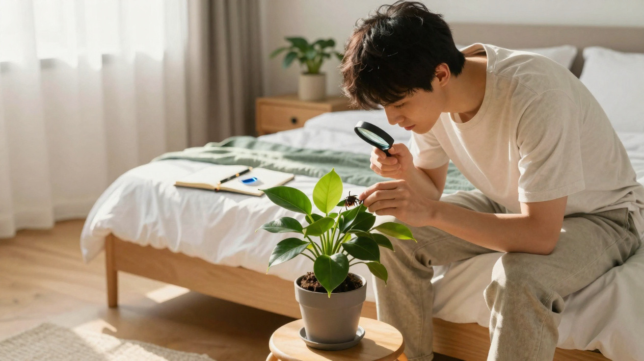 Homem jovem examinando planta com lupa sentado à beira da cama em quarto iluminado.