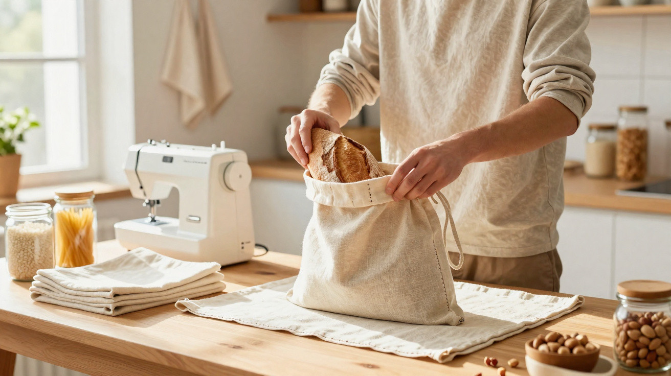Pessoa guardando pão em saco de tecido em cozinha clara com máquina de costura na mesa de madeira.