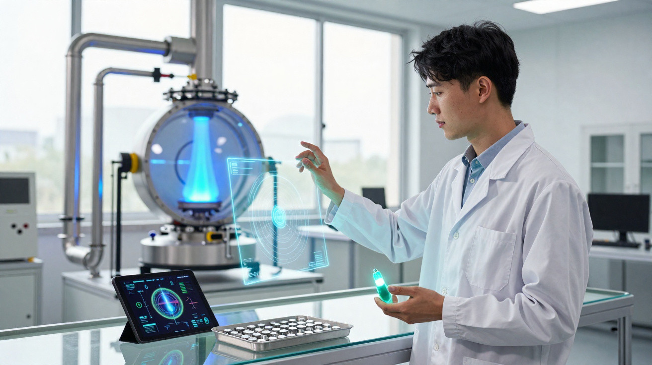 Cientista em laboratório manuseando tubo de ensaio com holograma azul projetado e tablet na bancada.