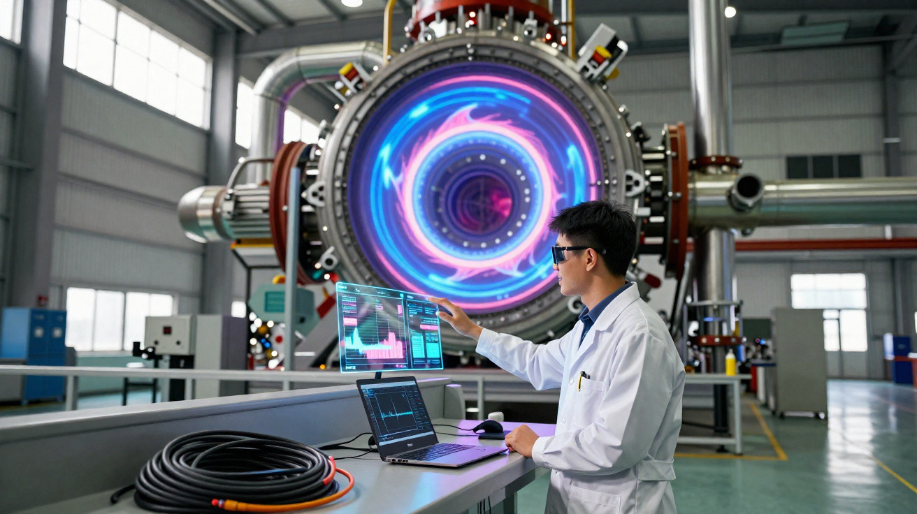 Cientista em laboratório futurista usando óculos AR diante de tela holográfica e maquinário tecnológico avançado.