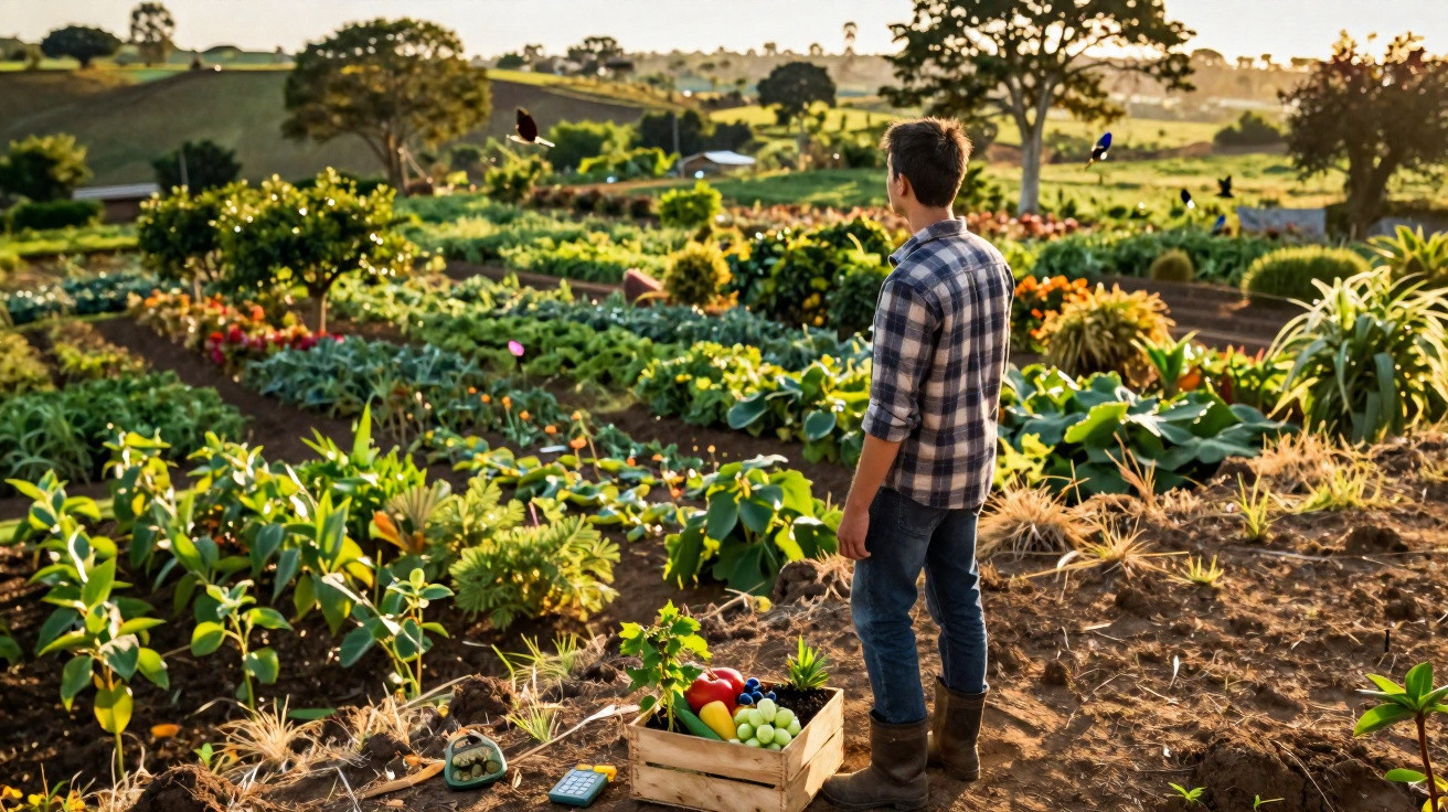 Homem observando horta orgânica com vegetais frescos colhidos em cesta sob luz do sol no campo.