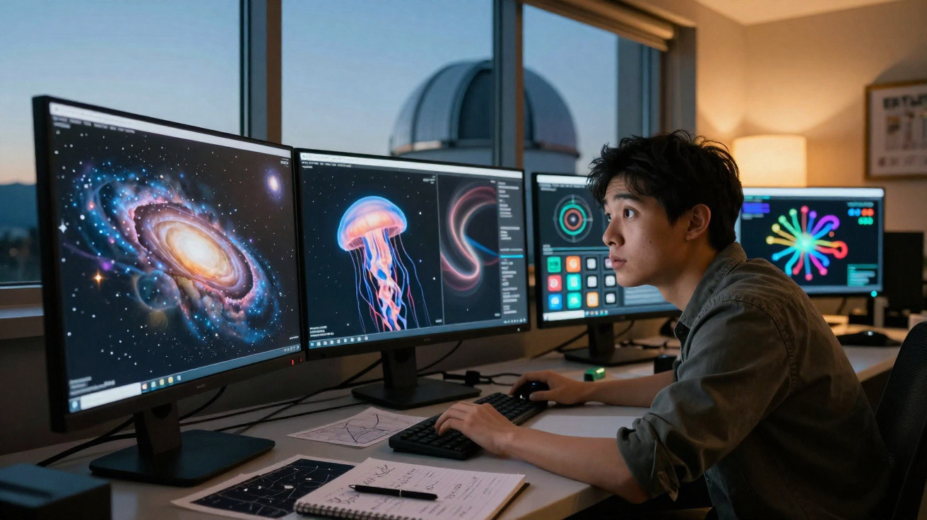 Jovem observando quatro monitores com imagens científicas em escritório iluminado ao entardecer.