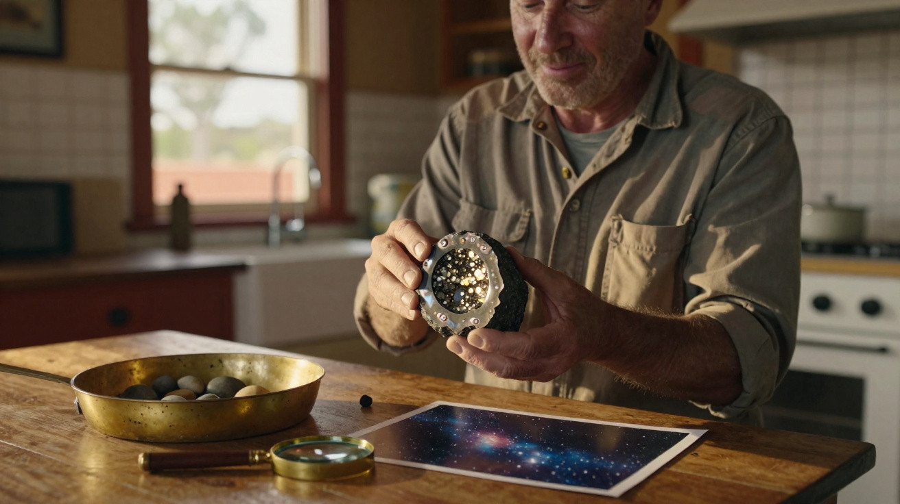 Homem em cozinha segurando objeto luminoso redondo, com lupa e imagem do espaço na mesa de madeira.