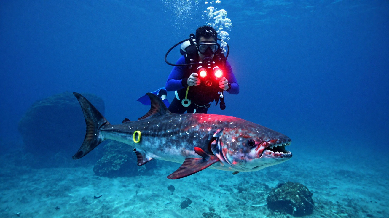 Mergulhador com câmera filmando peixe grande e feroz em água azul clara no fundo do mar.