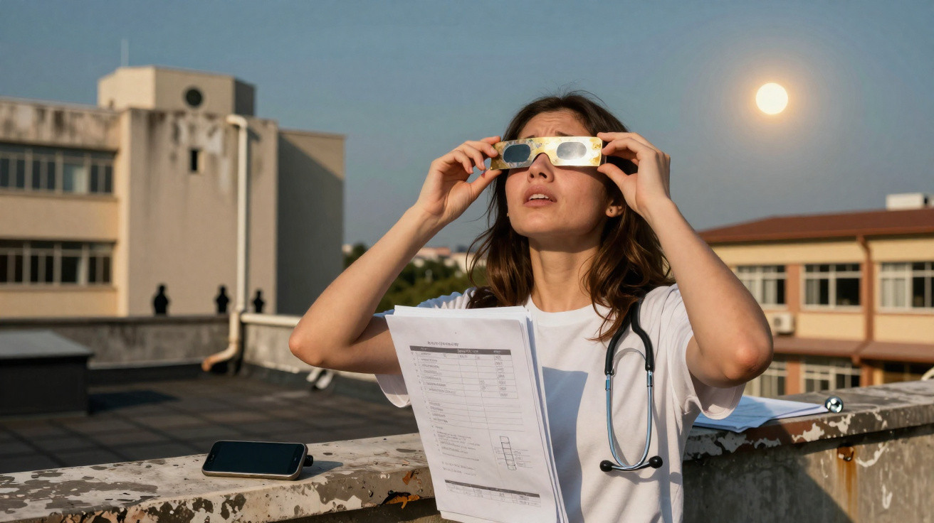 Mulher com jaleco branco e estetoscópio observa eclipse solar com óculos de proteção no telhado.