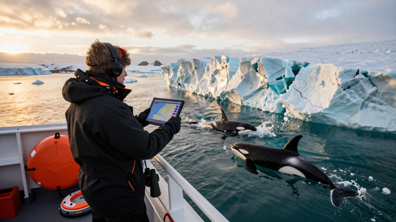 Pesquisador observa duas orcas nadando perto de icebergues em barco na região polar durante o pôr do sol.