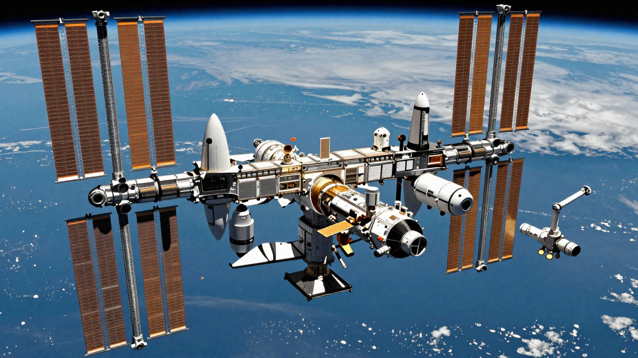 Estação Espacial Internacional orbitando a Terra com painéis solares e módulos em destaque.