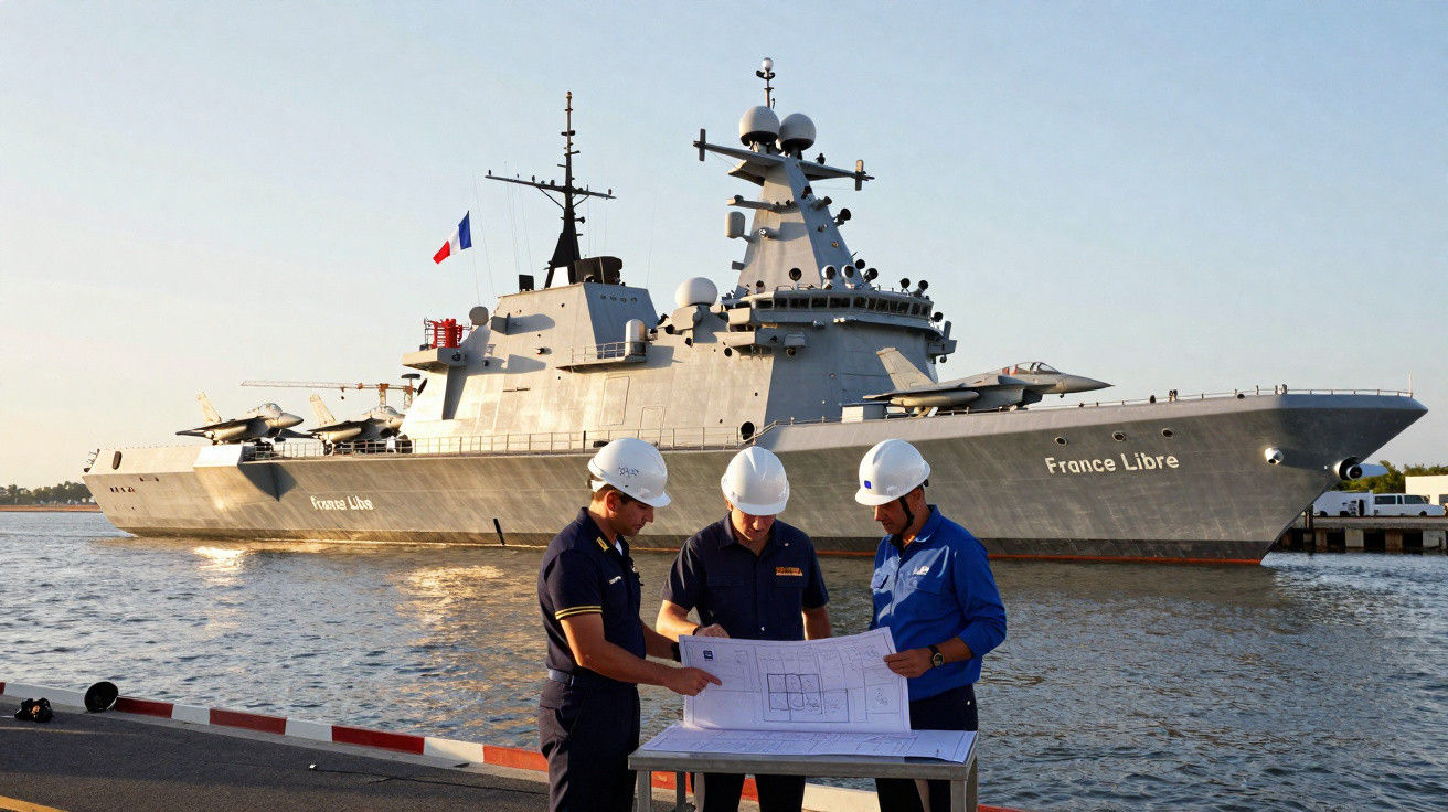Três homens com capacetes revisam plantas na doca com navio militar cinza ao fundo.