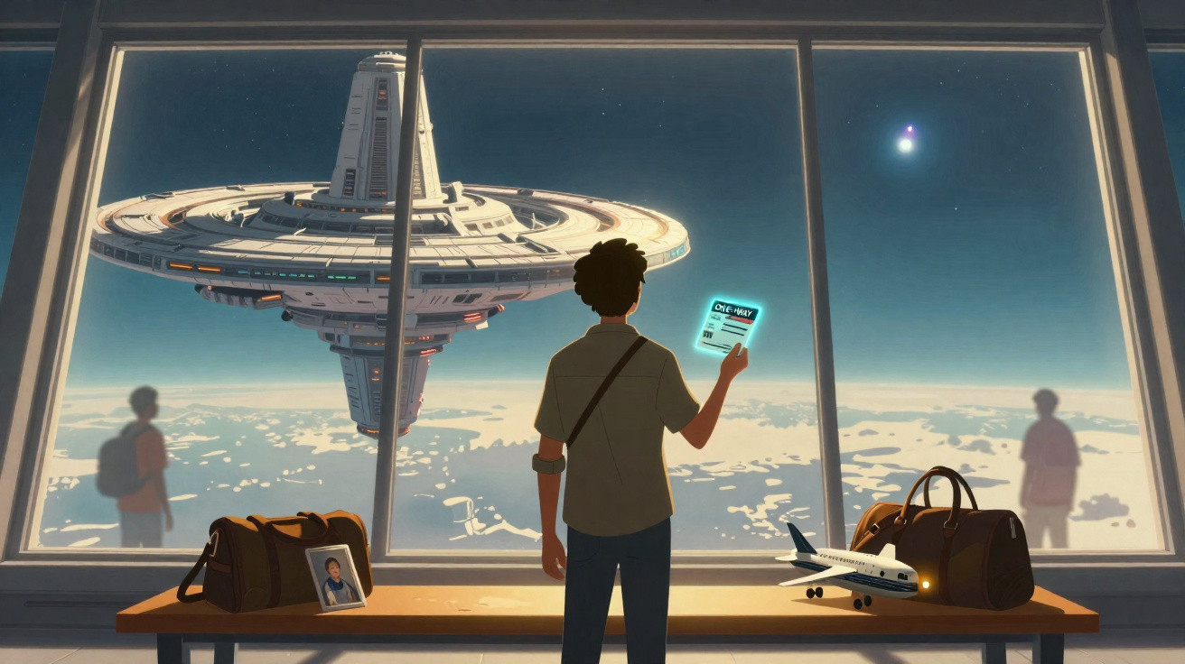 Pessoa observa base espacial futurística do lado de dentro de aeroporto com malas e foto sobre mesa próxima à janela.