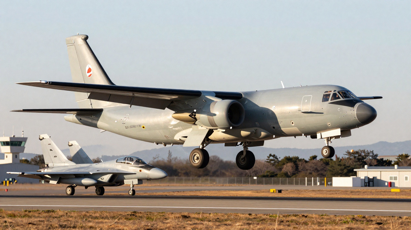 Avião militar de transporte cinza pousando em pista com caça ao fundo em base aérea.