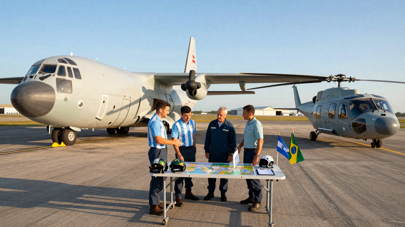 Quatro militares discutem plano em mesa com mapa entre avião cargueiro e helicóptero em pista de aeroporto.