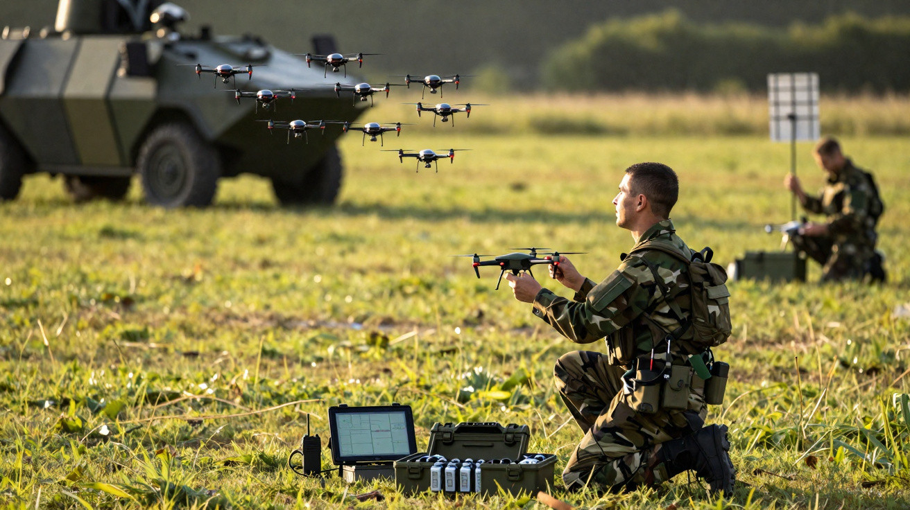 Soldado operando drones em campo aberto próximo a veículo militar e equipamentos tecnológicos.