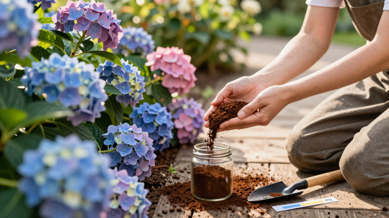 Pessoa colocando terra em pote de vidro ao lado de flores hortênsias coloridas em área ao ar livre.