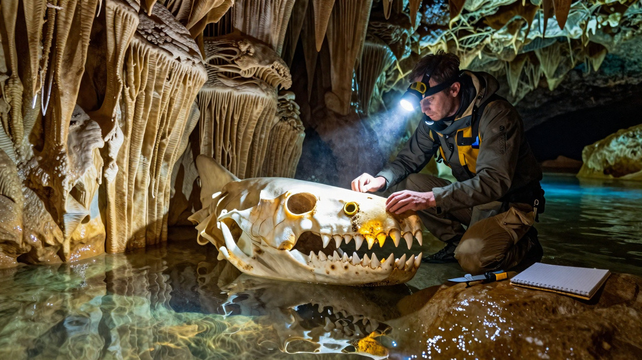 Explorador com lanterna de cabeça examina crânio grande em caverna com estalactites e água.
