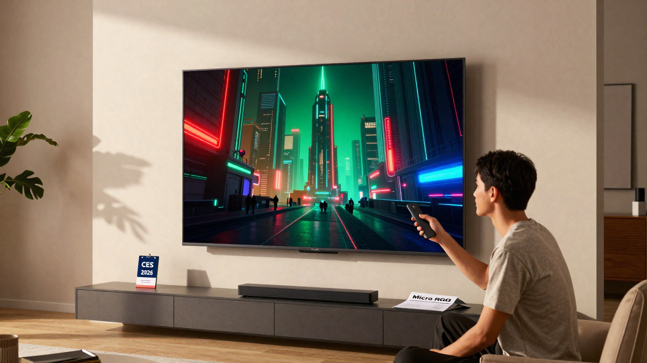 Homem sentado no sofá segurando controle remoto assistindo TV com cena futurista neon.