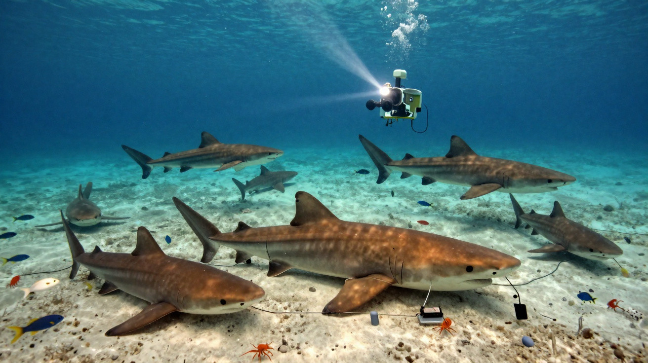 Mergulhador robótico filmando vários tubarões-tigre no fundo do mar com sensores presos a eles.