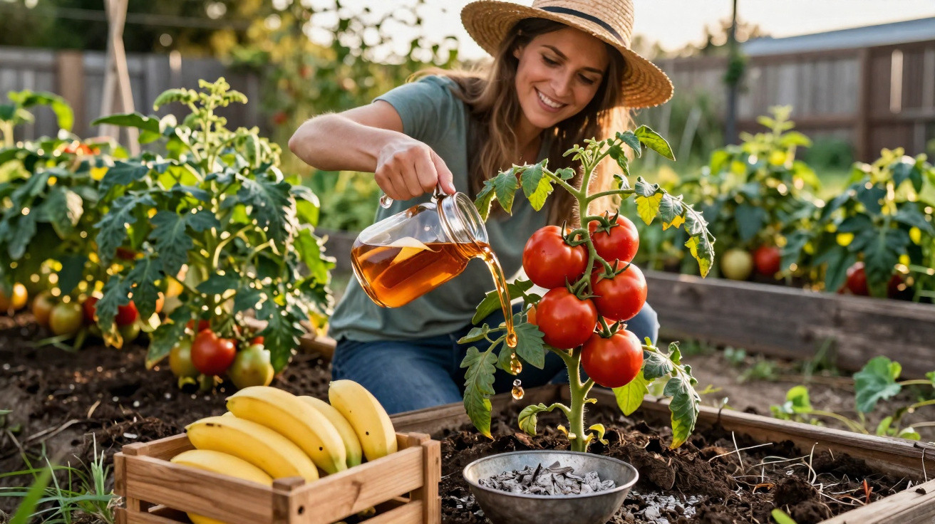 Mulher regando planta de tomate em horta, com caixa de bananas ao lado, usando chapéu de palha.