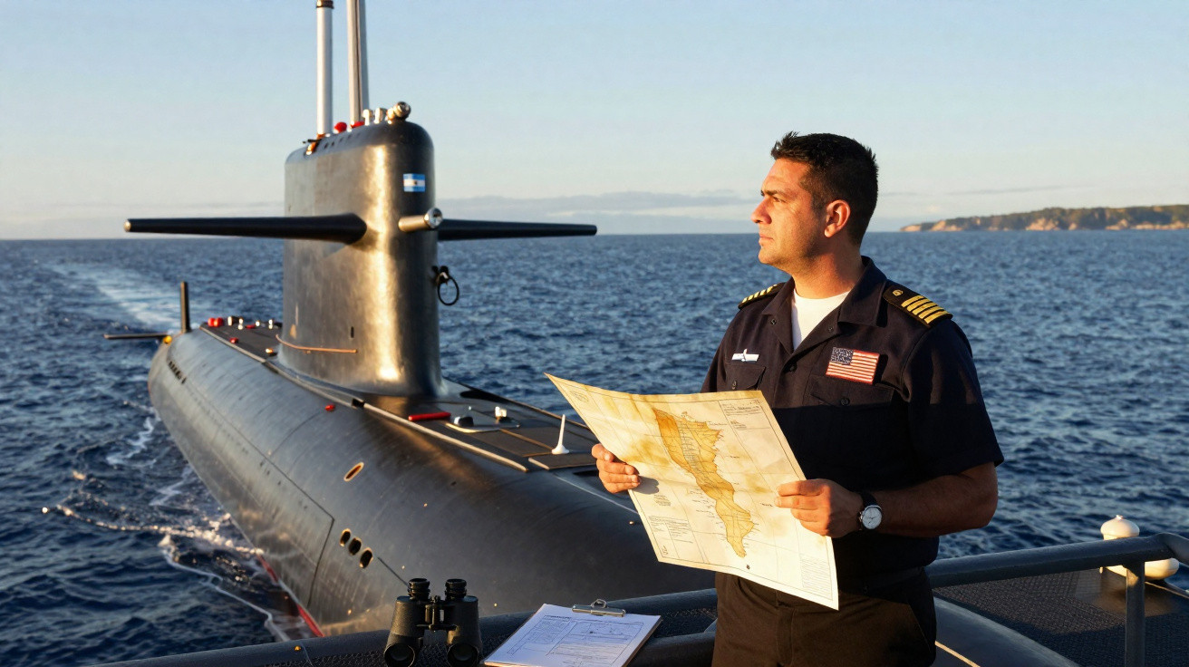Oficial da marinha em pé no convés lendo um mapa com submarino e mar ao fundo.