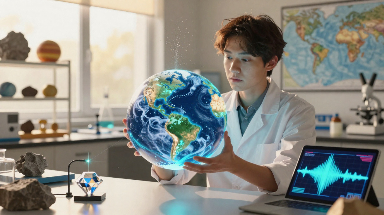 Jovem cientista observa holograma da Terra em laboratório com equipamentos e mapa-múndi ao fundo.
