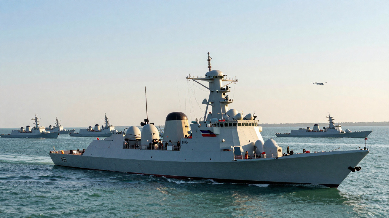 Navio de guerra branco navegando em formação com outros navios ao fundo em mar calmo.