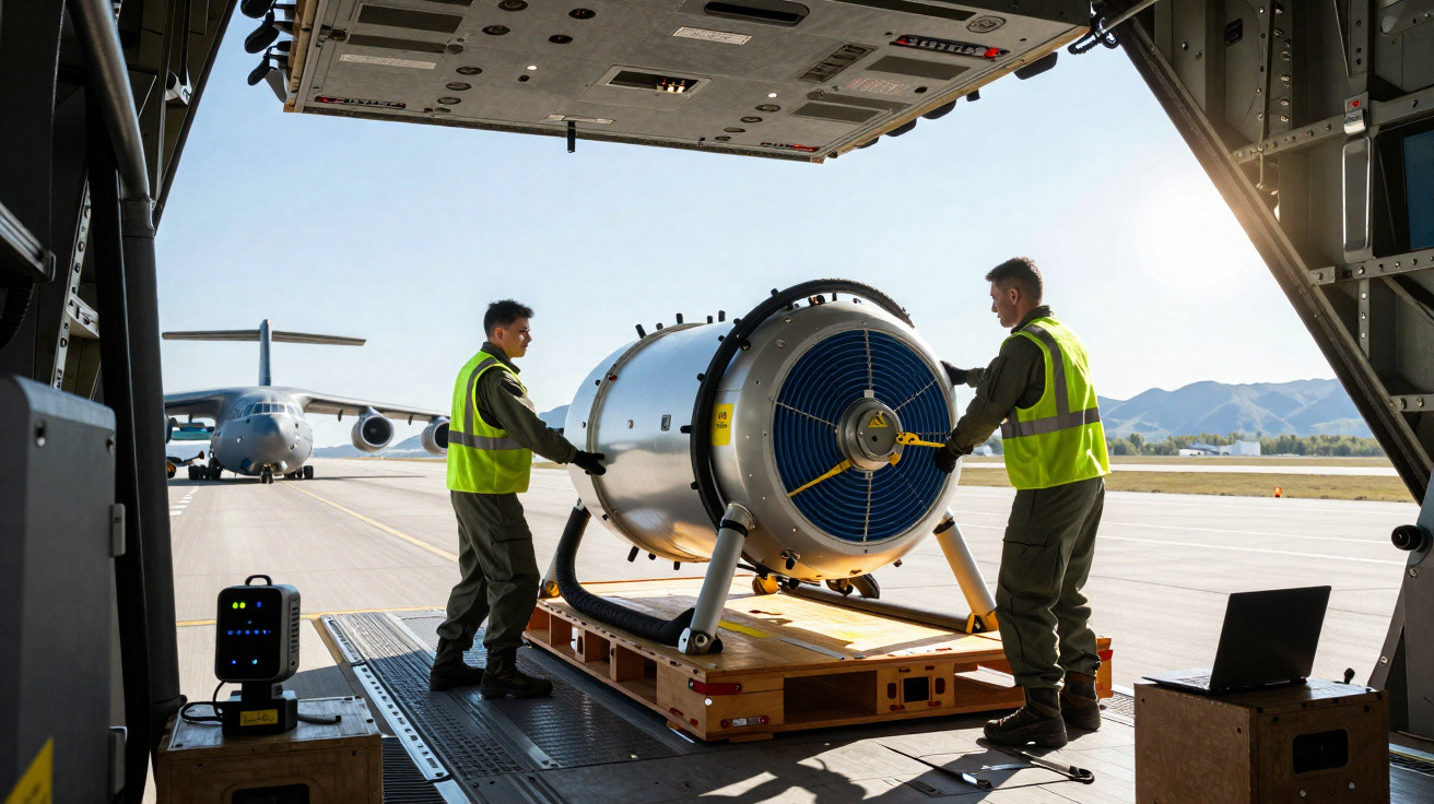 Dois técnicos movimentam equipamento cilíndrico em rampa de avião militar em ambiente ensolarado.