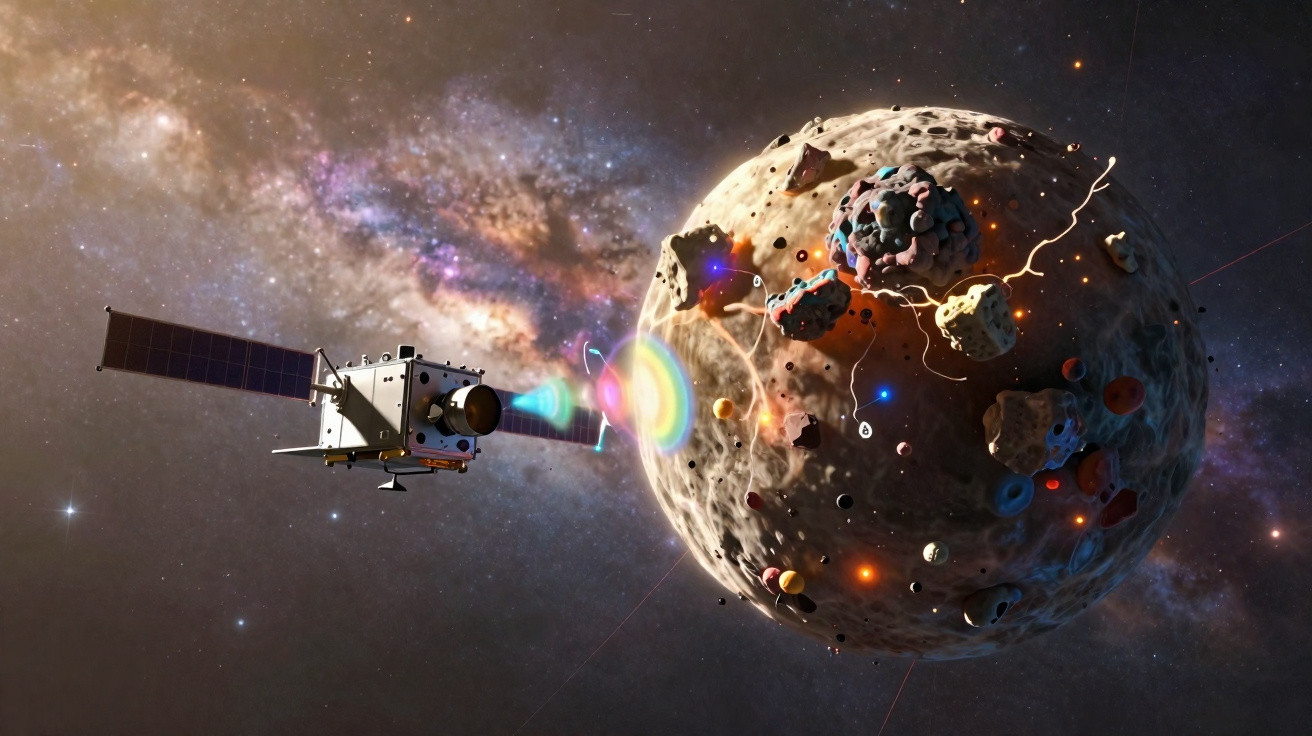 Nave espacial emitindo raio colorido em direção a asteroide cheio de crateras e rochas no espaço sideral.