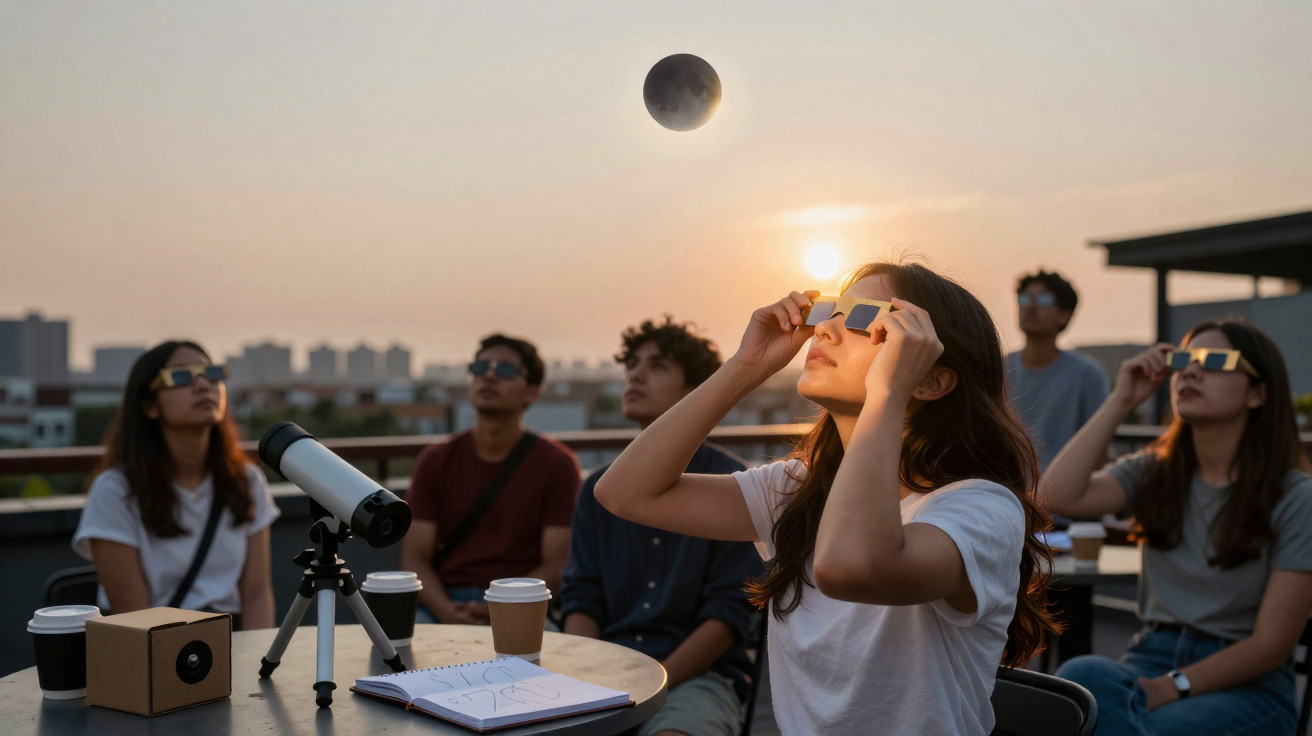 Grupo de jovens observando eclipse solar com óculos especiais em área externa ao entardecer.