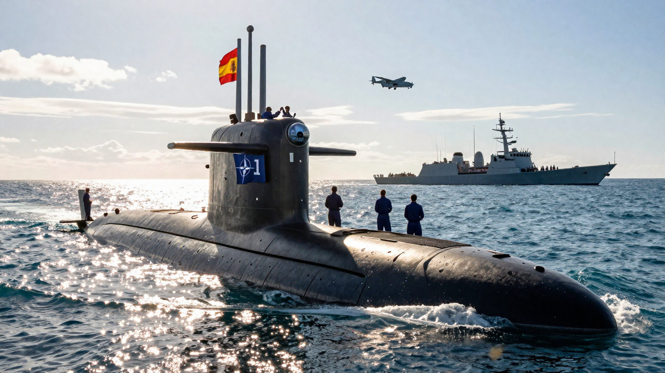 Submarino militar com bandeira da Espanha e tripulação no convés, com navio e avião ao fundo no mar.