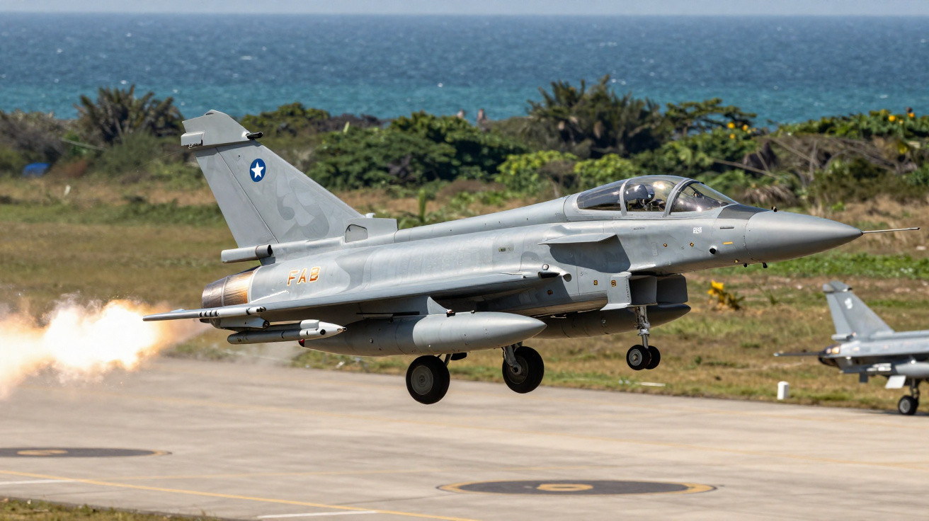 Caça militar da Força Aérea Brasileira em decolagem com pós-combustor acionado na pista.