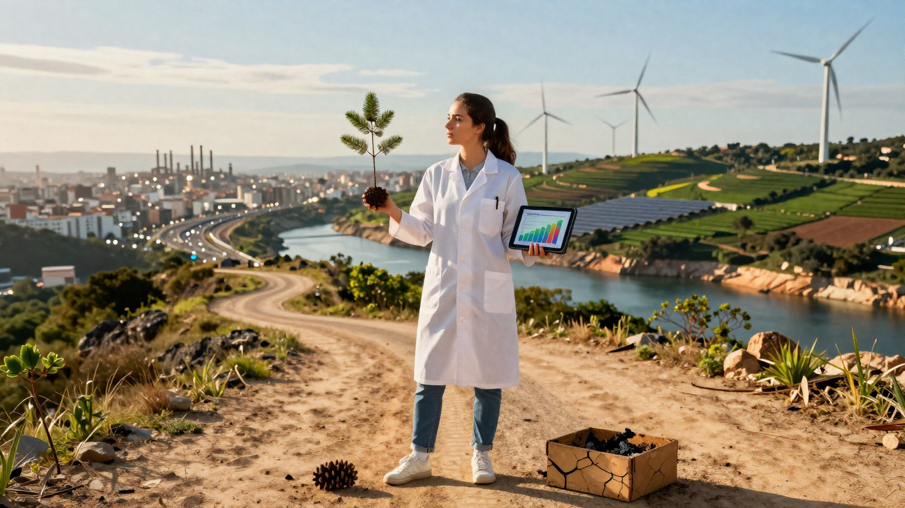 Mulher cientista em jaleco segura muda de planta e tablet com gráficos, com paisagem de turbinas eólicas e cidade ao fundo.