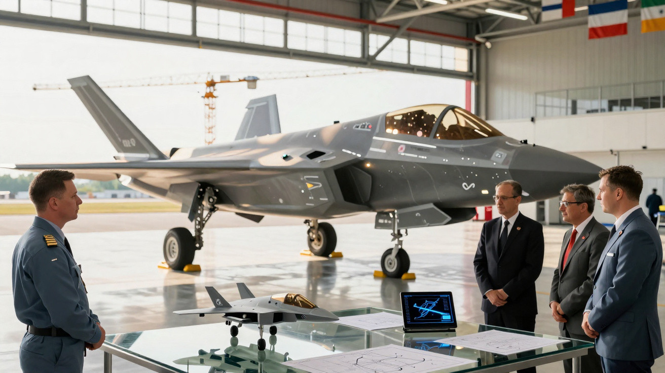 Homens observam avião militar furtivo cinza em hangar com maquete e monitor na mesa.