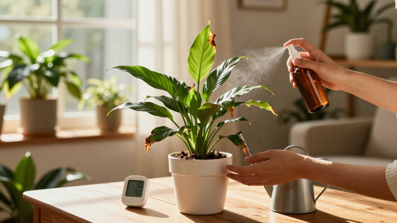 Pessoa borrifando água em planta dentro de vaso branco sobre mesa de madeira iluminada pela luz natural.