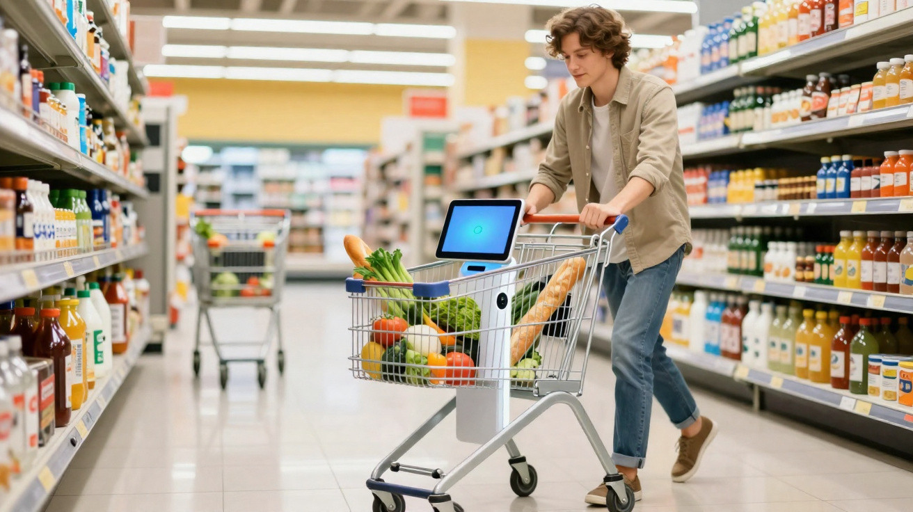 Jovem empurrando carrinho com compras frescas e dispositivo eletrônico em supermercado.