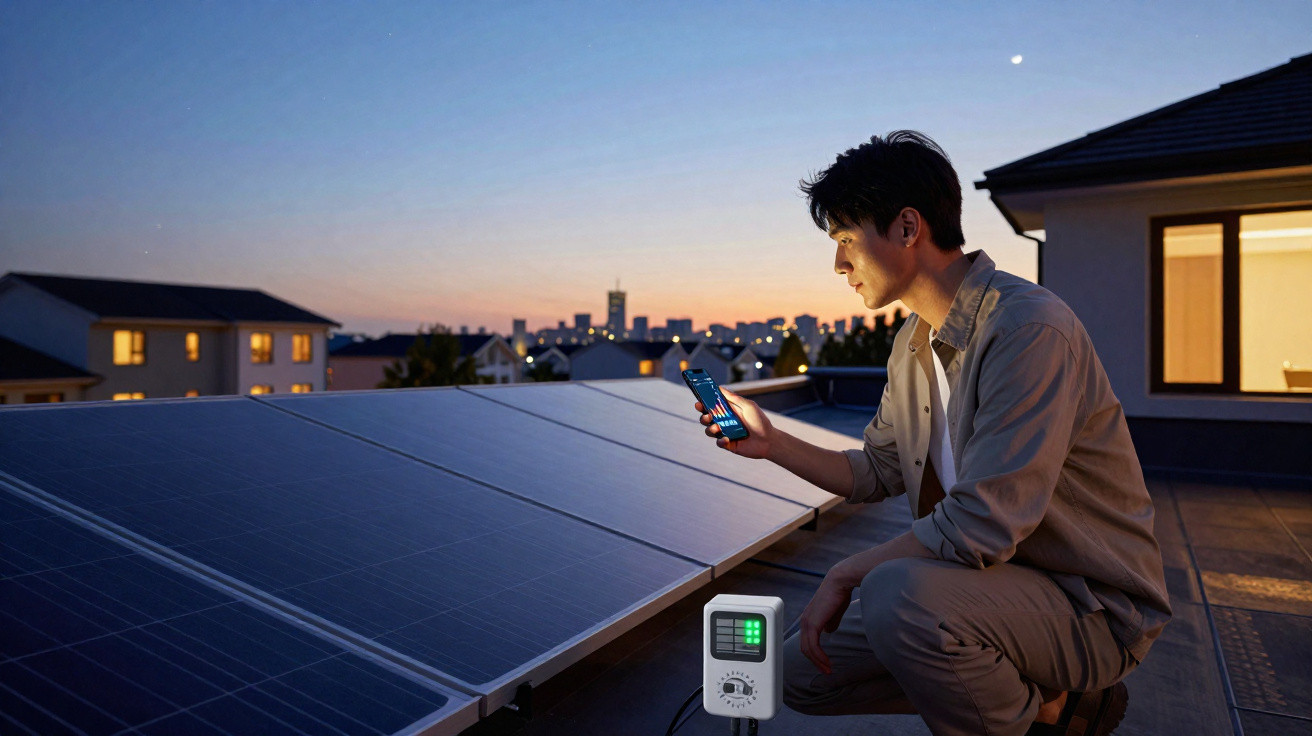 Homem verifica celular ao lado de painéis solares durante o pôr do sol em área residencial.
