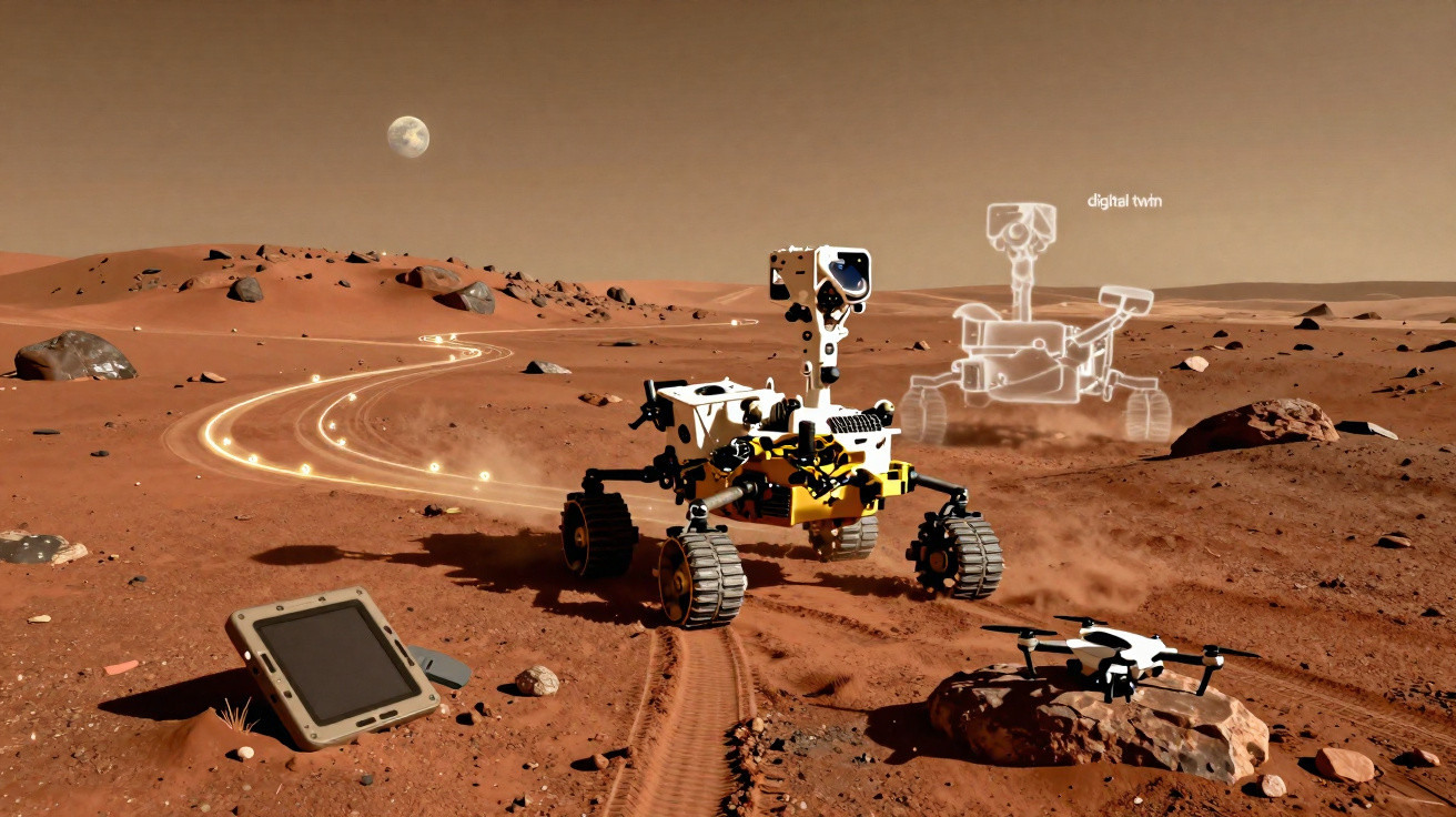 Rover explorando o solo marciano com drone e tablet em paisagem árida e rochosa sob céu alaranjado.