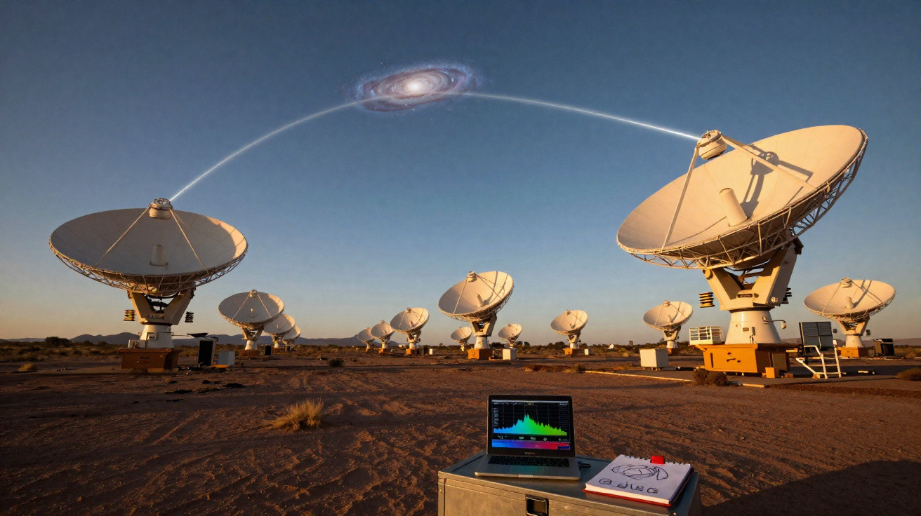 Antenas parabólicas em deserto apontando para uma galáxia com laptop e caderno em primeiro plano.