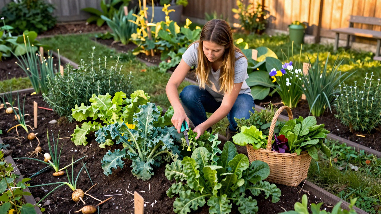 Mulher colhendo verduras em uma horta caseira com cesta de legumes ao lado.