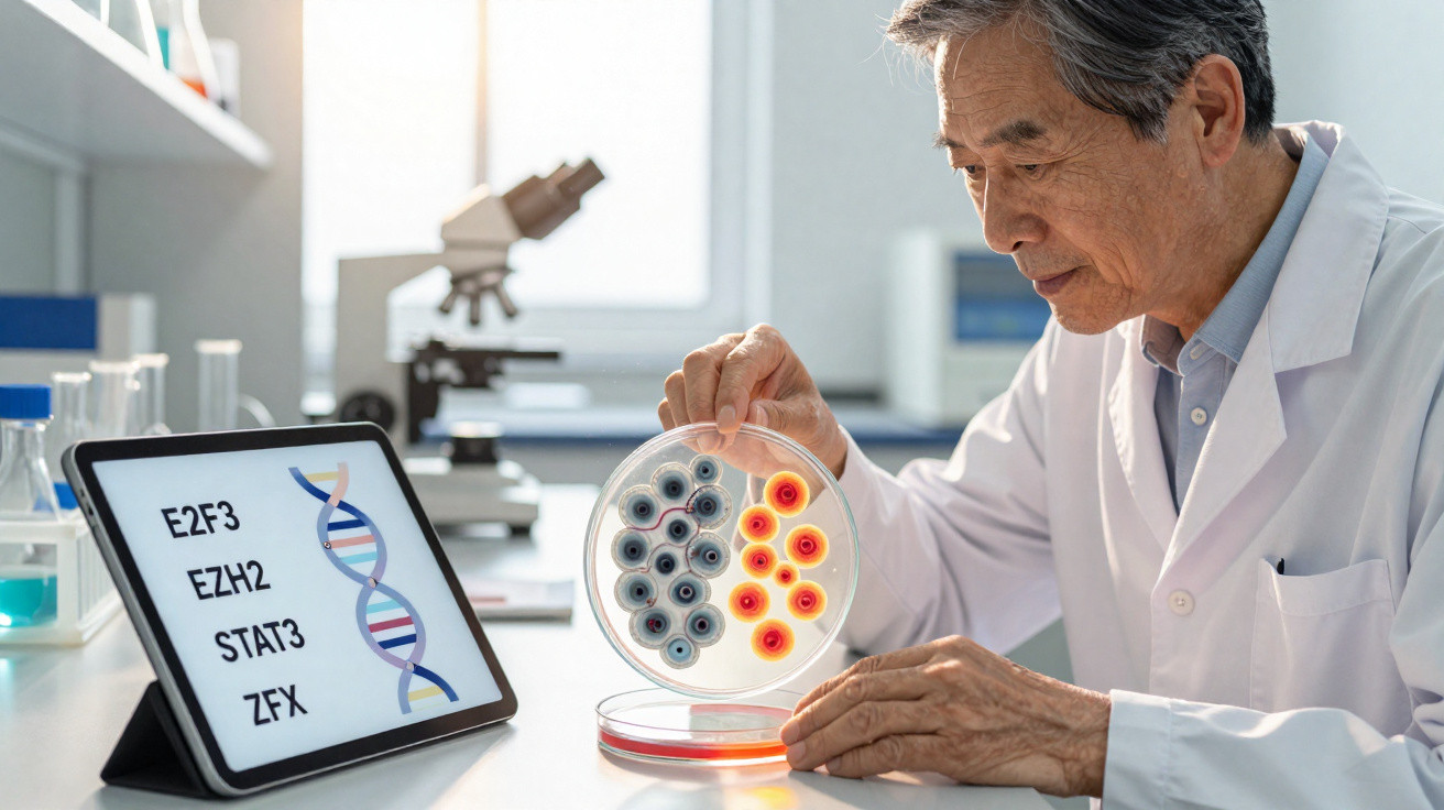 Cientista analisa placa de Petri com colônias de células em laboratório moderno iluminado.