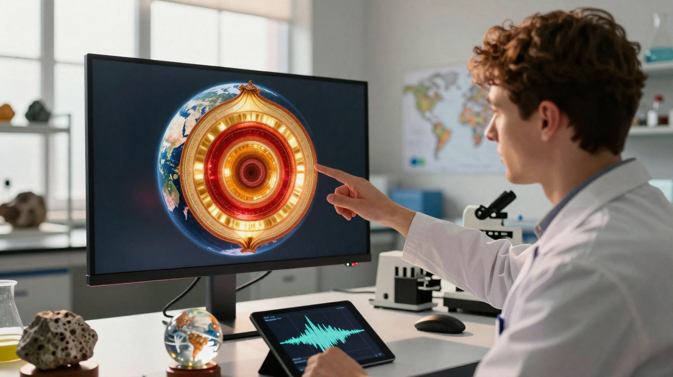 Cientista em laboratório analisando imagem digital do interior da Terra em monitor de computador.