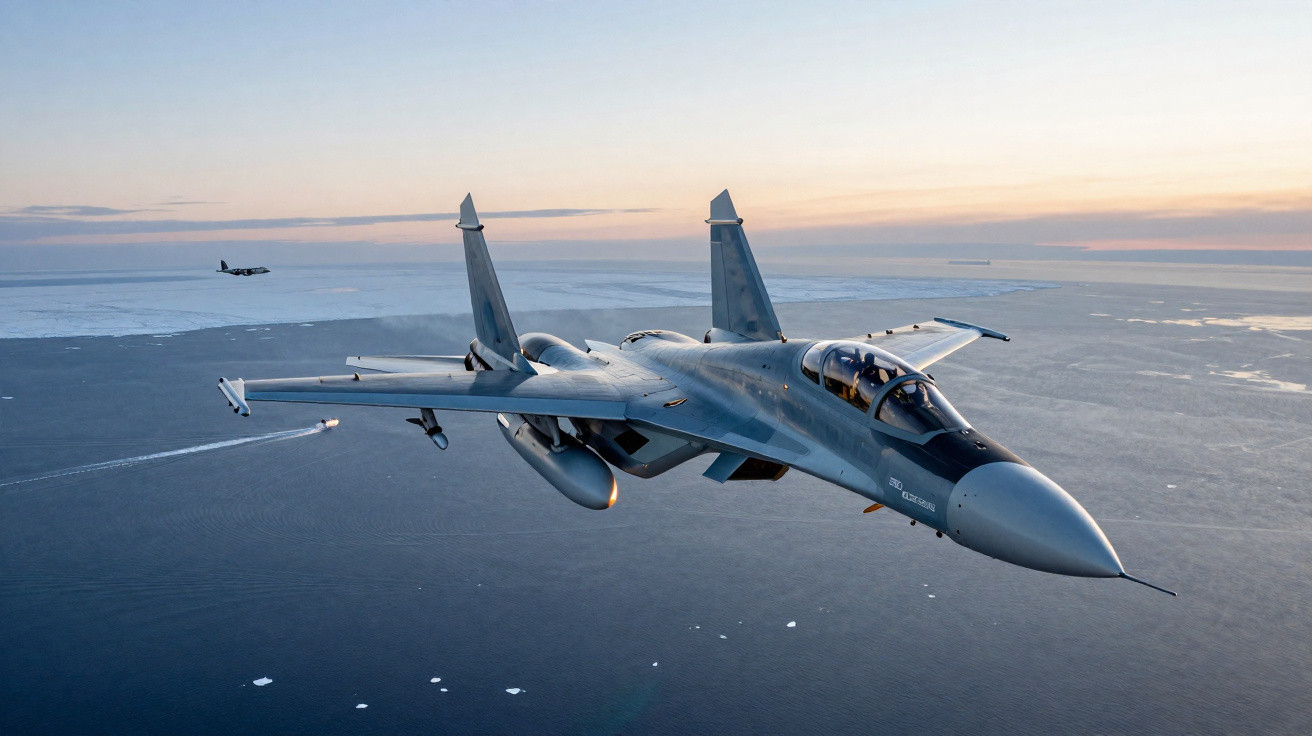 Caça militar voando sobre o oceano ao pôr do sol com outro avião ao fundo.