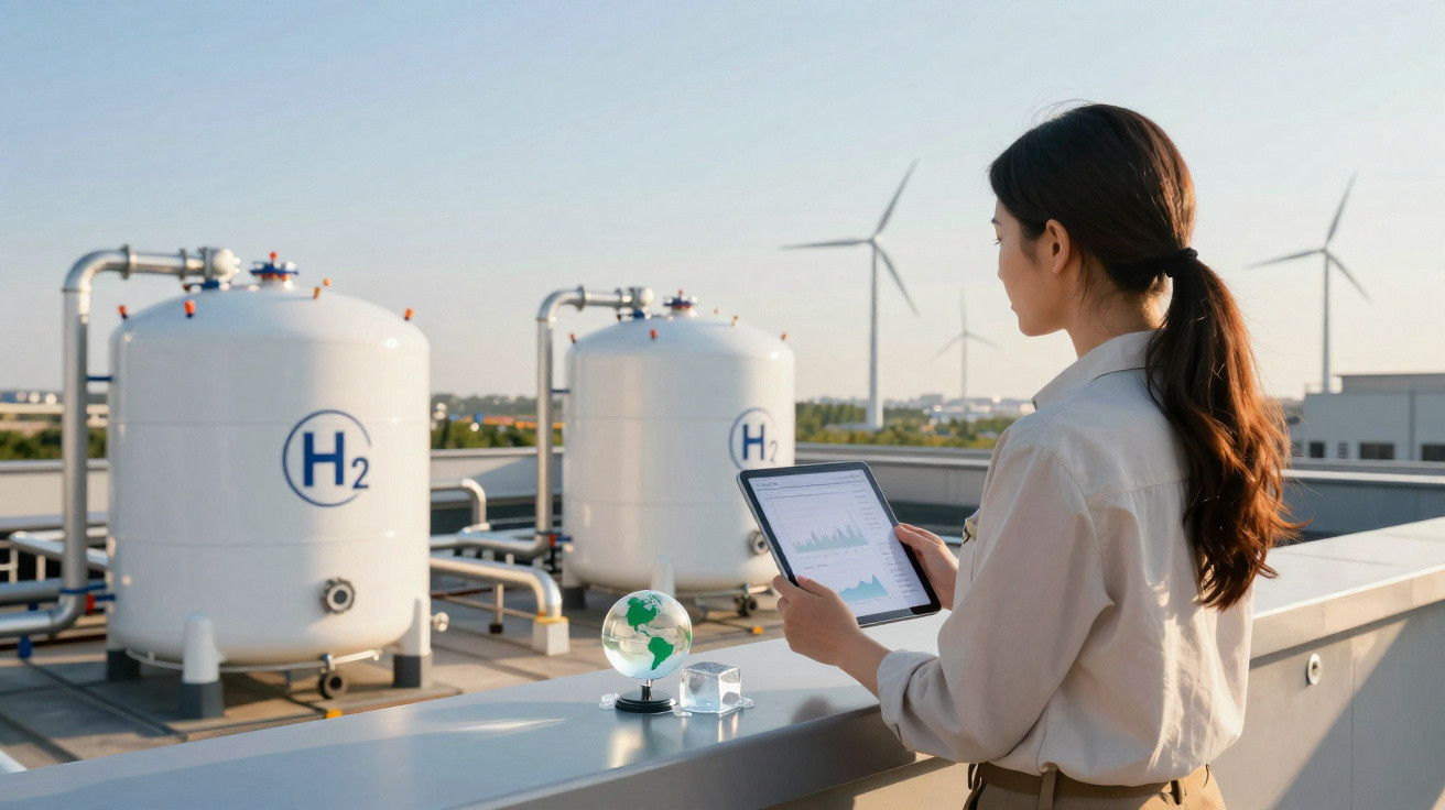 Mulher com tablet analisando tanques de hidrogênio e turbinas eólicas ao fundo em ambiente industrial.