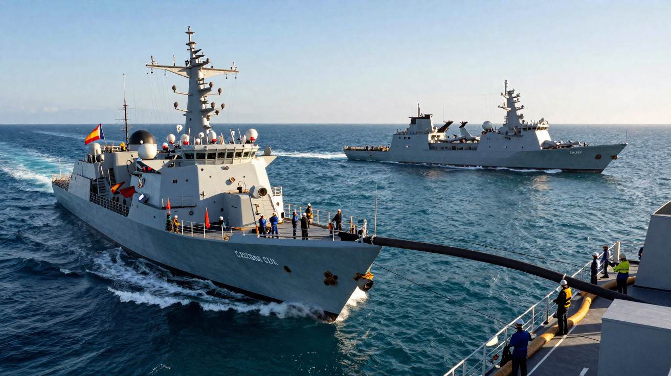 Duas embarcações militares conectadas por uma mangueira de abastecimento em alto mar, com tripulantes a bordo.