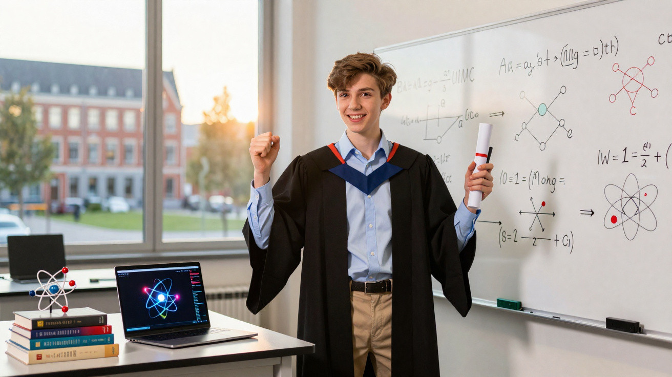 Jovem com beca de formatura segura diploma sorrindo em sala com quadro branco de fórmulas científicas.